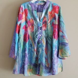 Funky Floral Watercolor Button Down Blouse Sz L